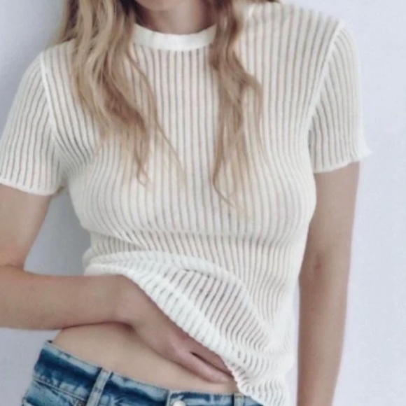 Zara Tops - Zara See-Through Mesh Ribbed White T-Shirt Size S